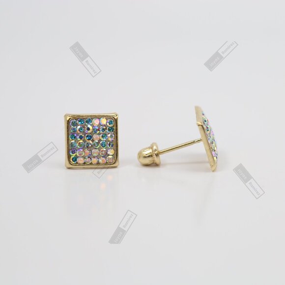 8mm Square Shimmering Stud Earrings in Solid 14K Gold • Modern & Versatile Desig - Picture 5 of 8
